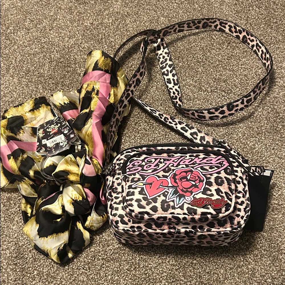 New Ed Hardy Pink and Black Leopard Crossbody with Scarf